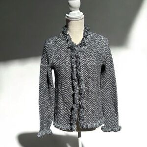 🌻Chico's Soft Tweed Wool Blend Blazer Jacket Cardigan Fringe Trim Size Small